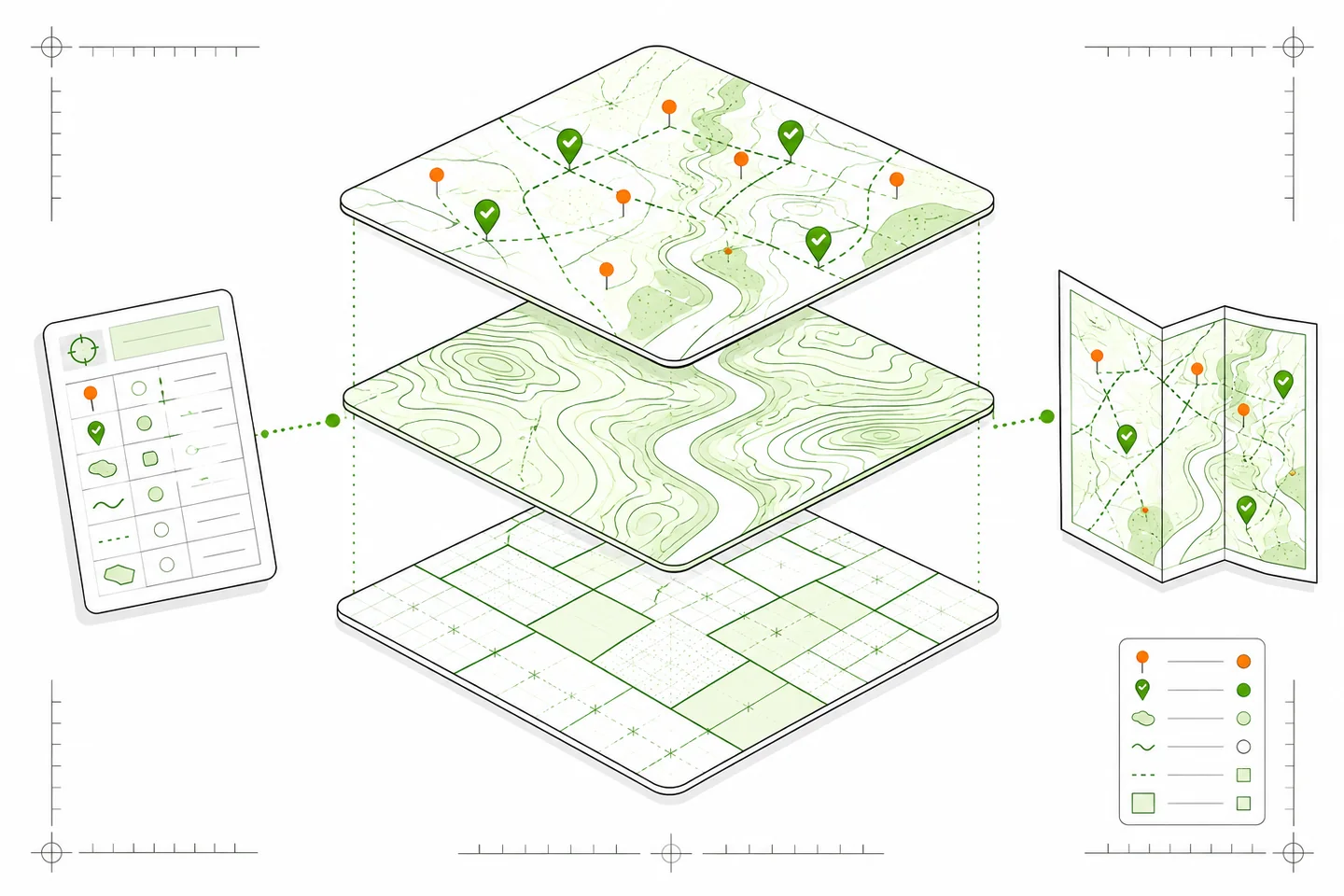 Exploded green map layers show a parcel grid, terrain contours and verified location markers, connected to a field-record sheet and folded publication map.