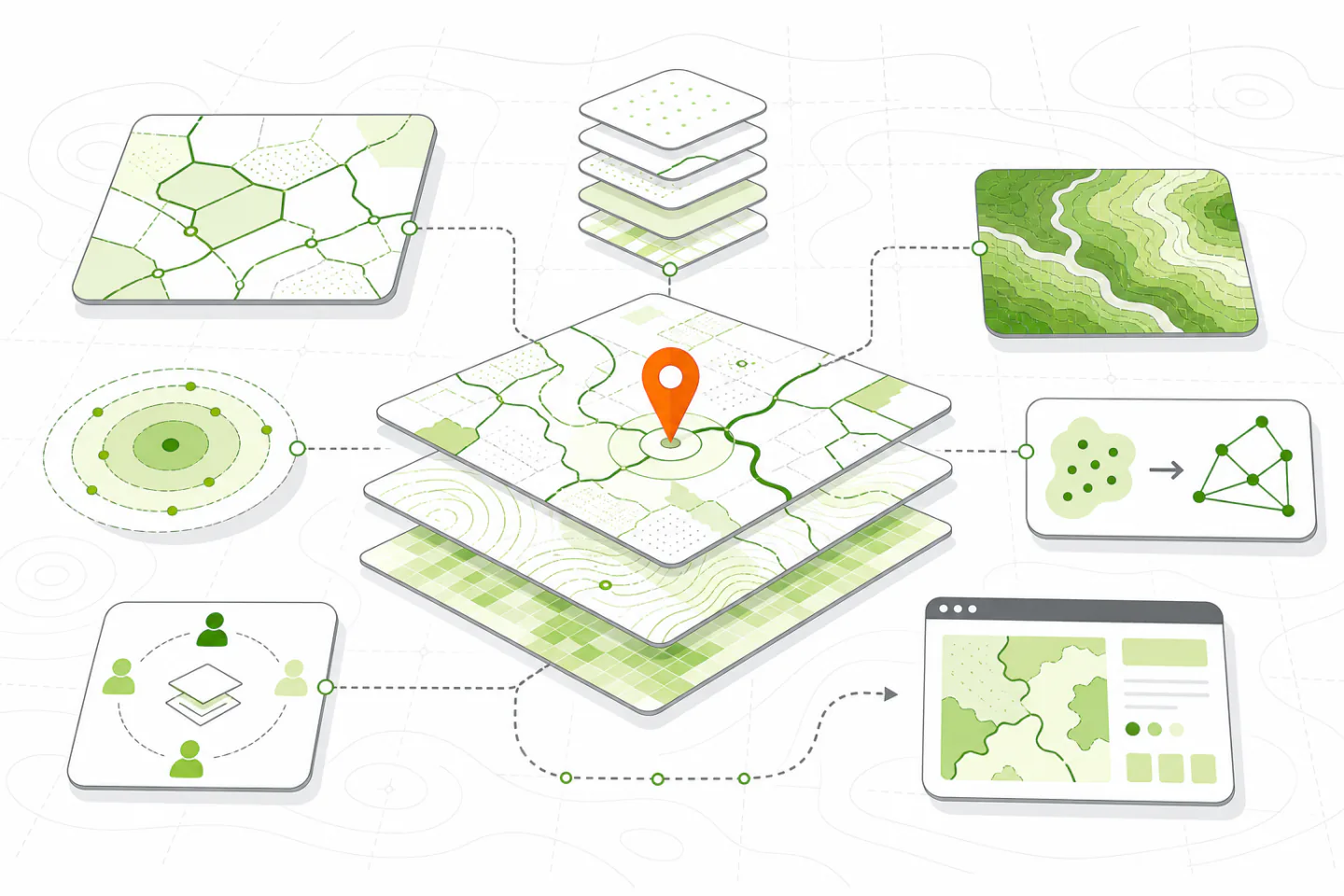 Abstract cartographic workflow showing stacked map layers connected to vector boundaries, terrain, spatial analysis, collaboration, and web publishing modules.