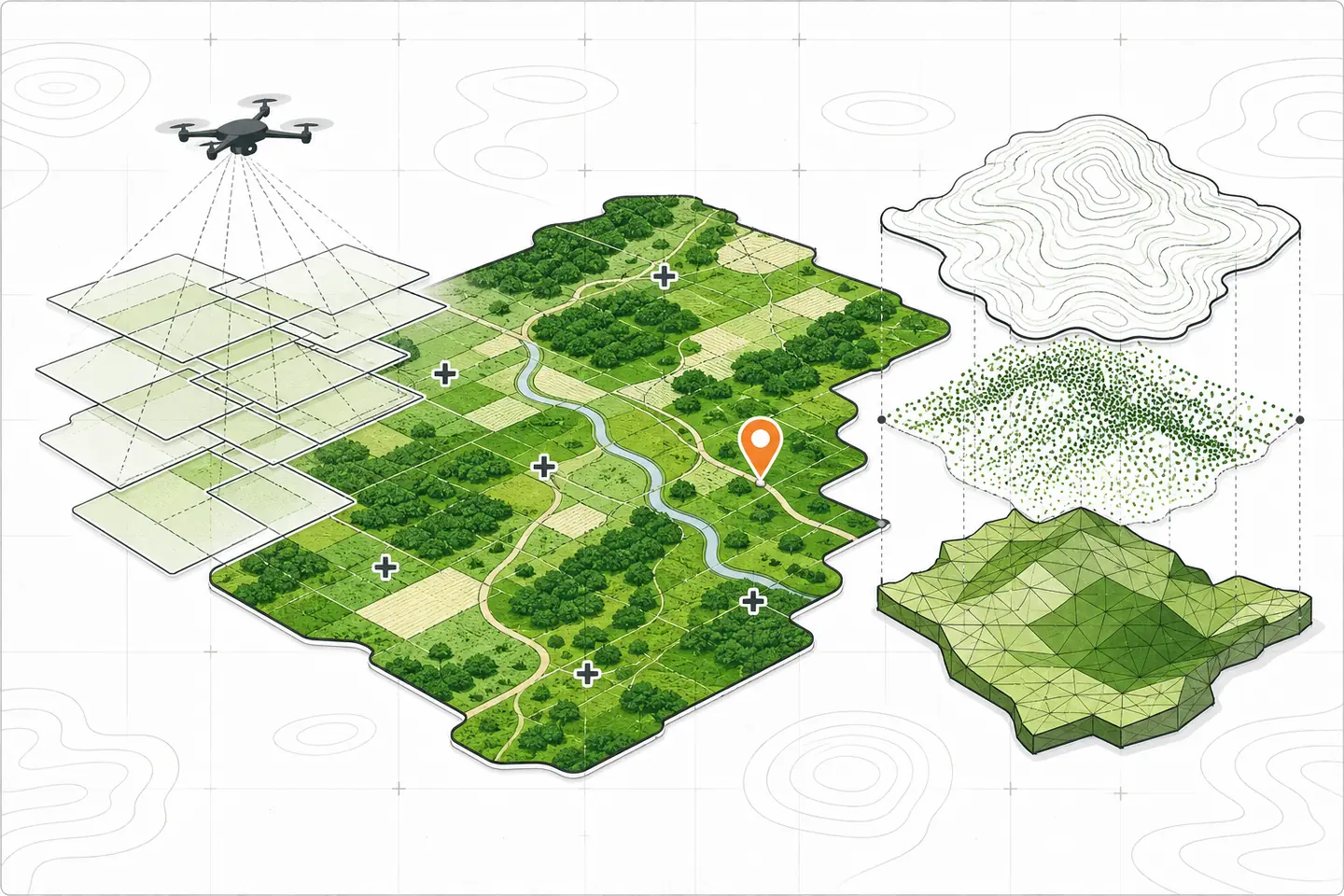 Illustrated drone survey workflow with overlapping image tiles, a green orthomosaic, control points, contour lines, a point cloud, and a terrain mesh.