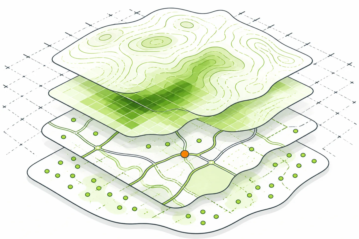 Abstract layered map showing a coordinate grid, raster terrain cells, contour lines, vector routes, green data points, and one orange active marker.