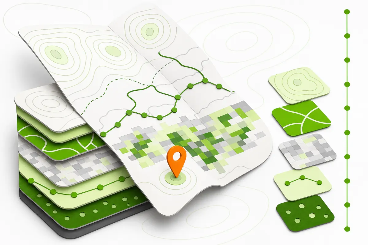 Folded contour map unfurling from stacked spatial layers beside raster, route, and terrain swatches.