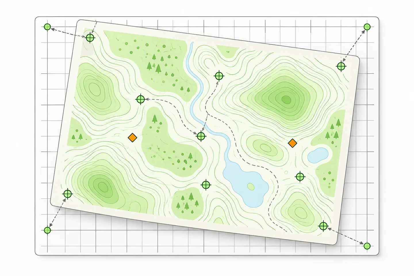 Illustrated contour map over a coordinate grid, with green crosshair control points distributed across the sheet and two orange diamond checkpoints.