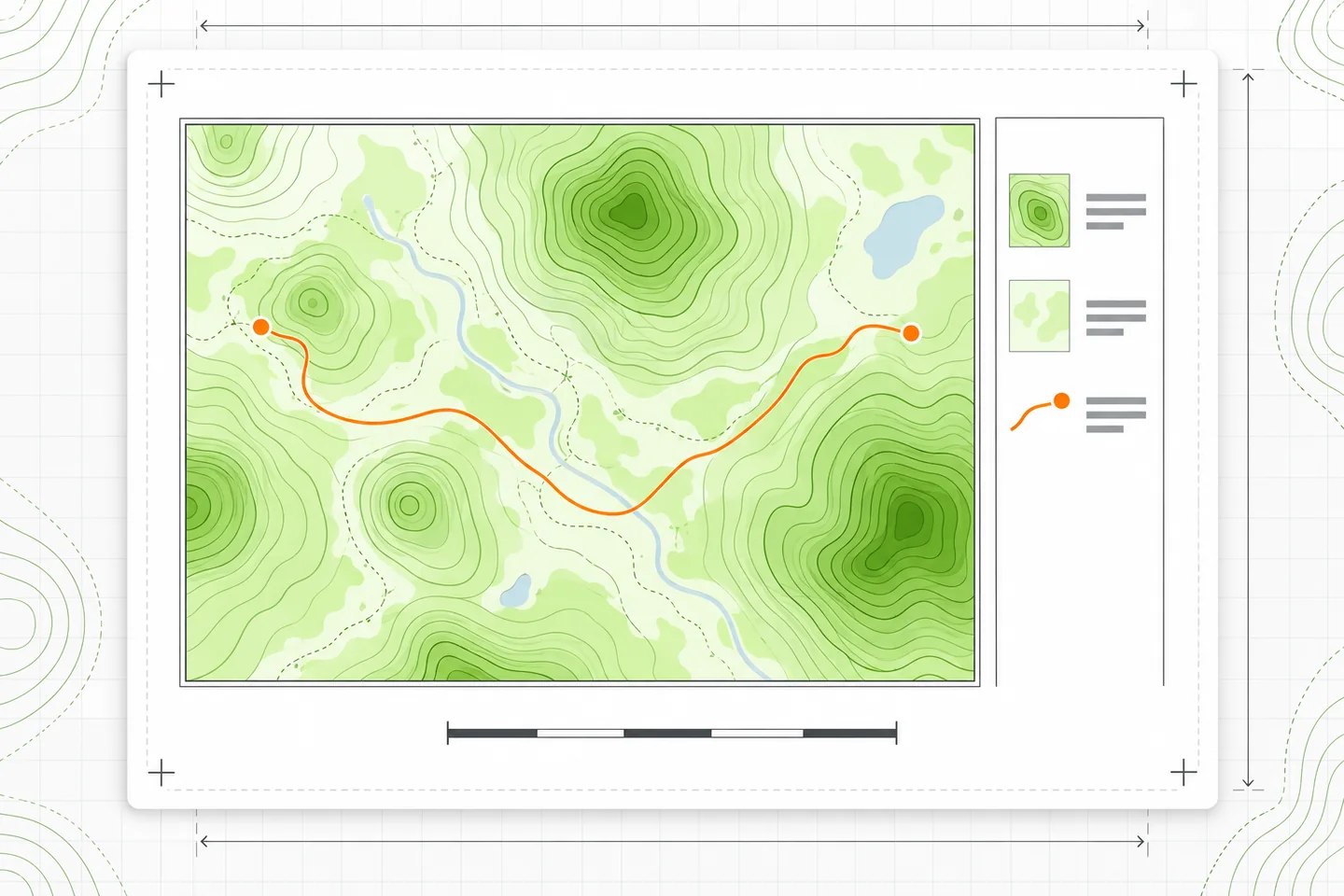 Illustrated print-layout sheet with a green contour map, orange route, right-hand legend, segmented scale bar, and page-margin guides.