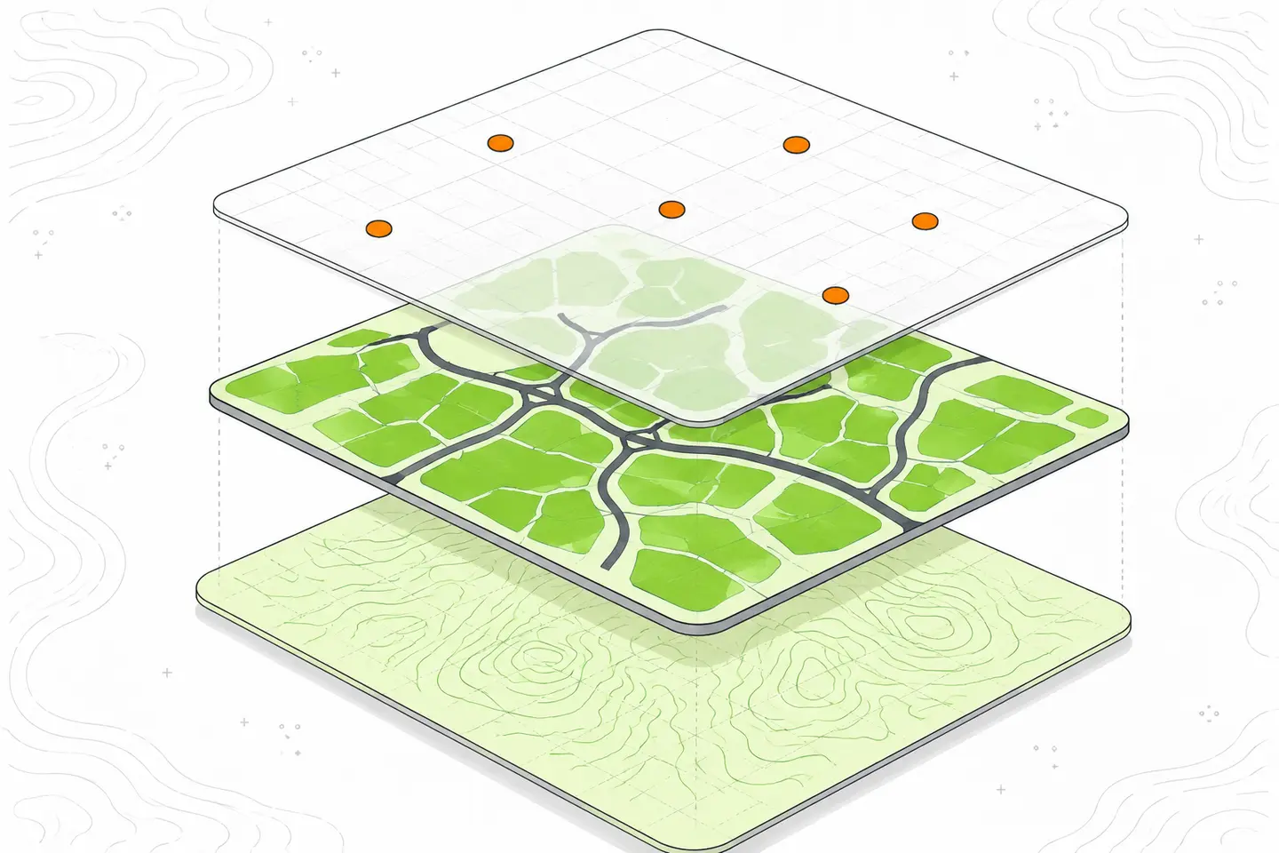 Three stacked map layers show green terrain contours, parcels divided by charcoal roads, and orange point markers on a coordinate grid.